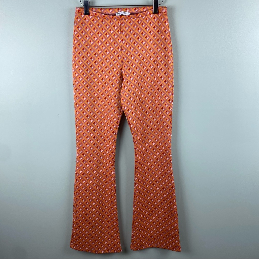 COPY - Zara orange stretchy knit jacquard 70s groovy flared leg/bell bottom pan…